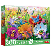 Puzzle: Insects in the Meadow 300 Piece - Colorful 300-piece puzzle featuring vibrant meadow flowers and various detailed insects like butterflies and bees.