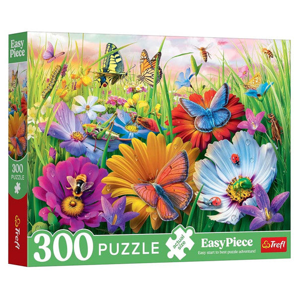 Puzzle: Insects in the Meadow 300 Piece - Colorful 300-piece puzzle featuring vibrant meadow flowers and various detailed insects like butterflies and bees.