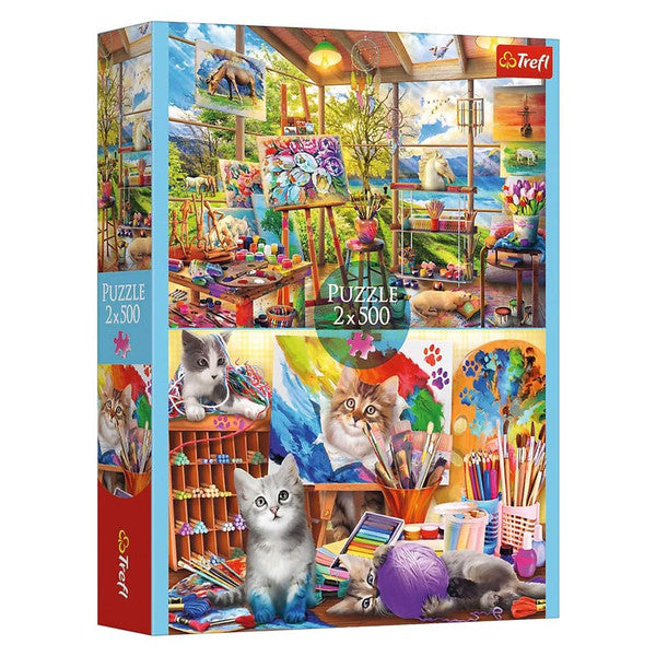 Puzzle: The Art of Painting 2x500 Piece - Colorful puzzle box featuring two 500-piece puzzles with artistic and pet-themed designs.