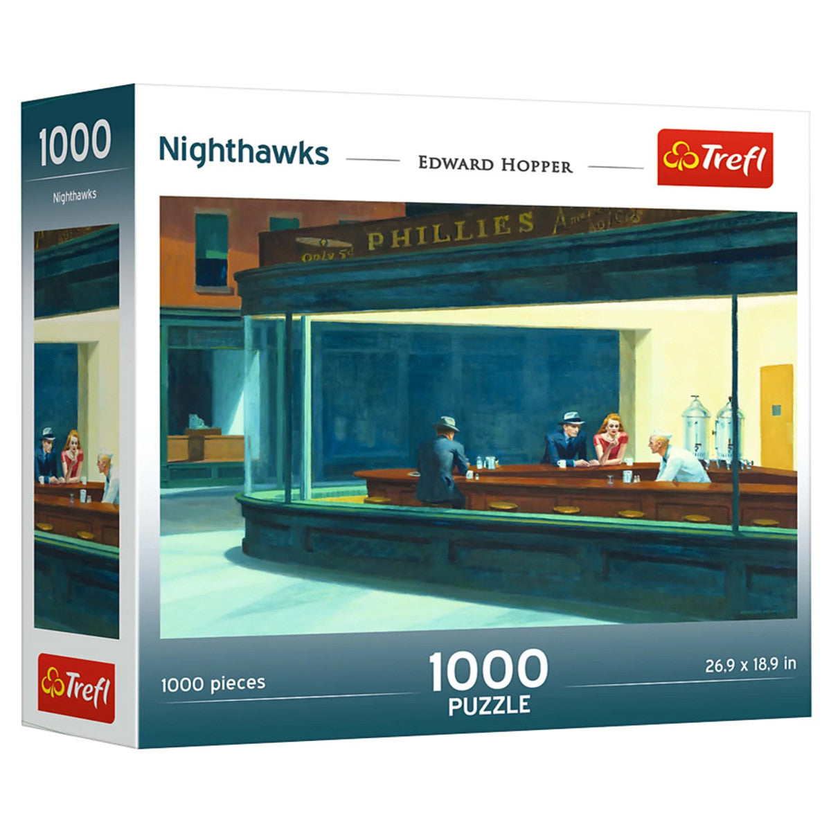 Puzzle: Nighthawks 1000 Piece (PREORDER) - 1000-piece puzzle box featuring Edward Hopper’s Nighthawks painting with nighttime diner scene.