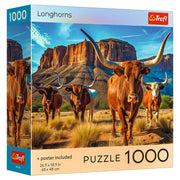 Puzzle: Longhorns 1000 Piece - 1000-piece puzzle box featuring a herd of longhorn cattle with large curved horns against a desert landscape and blue sky.