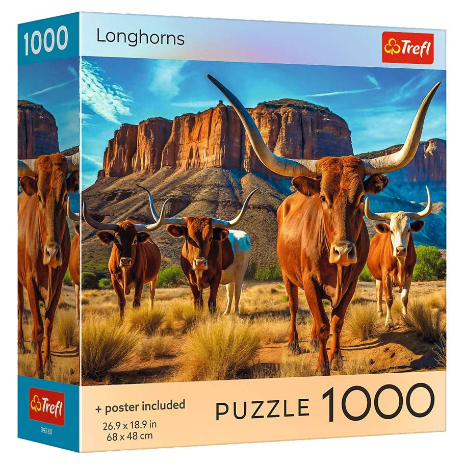 Puzzle: Longhorns 1000 Piece - 1000-piece puzzle box featuring a herd of longhorn cattle with large curved horns against a desert landscape and blue sky.