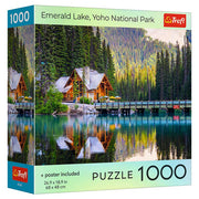 Puzzle: Emerald Lake Yoho National Park 1000 Piece - 1000-piece Trefl puzzle featuring a vibrant Emerald Lake cabin scene with lush green forest and turquoise water reflections.