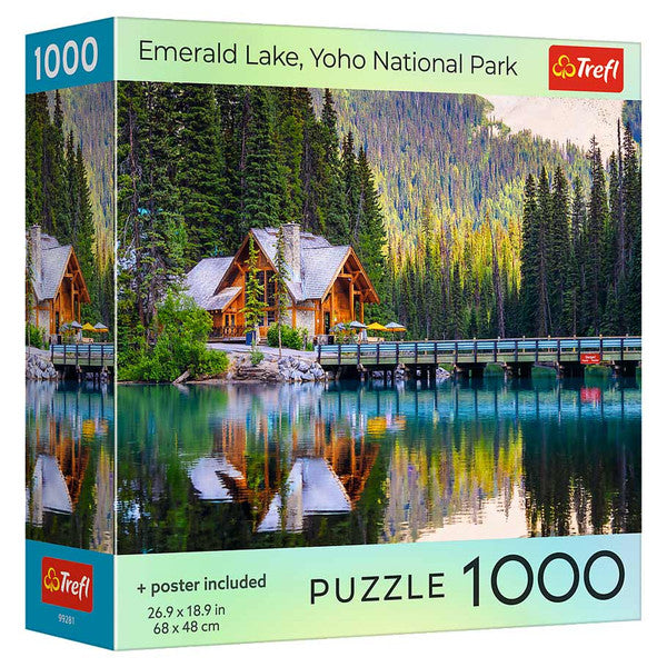 Puzzle: Emerald Lake Yoho National Park 1000 Piece - 1000-piece Trefl puzzle featuring a vibrant Emerald Lake cabin scene with lush green forest and turquoise water reflections.