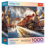 Puzzle: Holiday Train 1000 Piece - 1000-piece puzzle box featuring a festive red holiday train on snowy tracks with glowing lights and decorated trees.