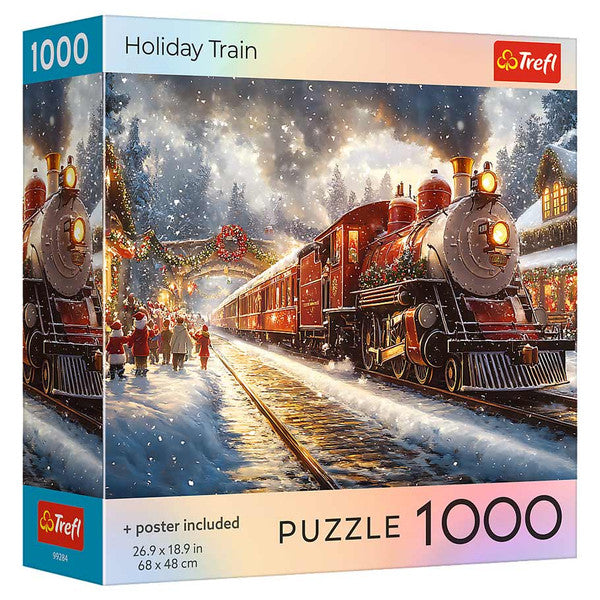 Puzzle: Holiday Train 1000 Piece - 1000-piece puzzle box featuring a festive red holiday train on snowy tracks with glowing lights and decorated trees.
