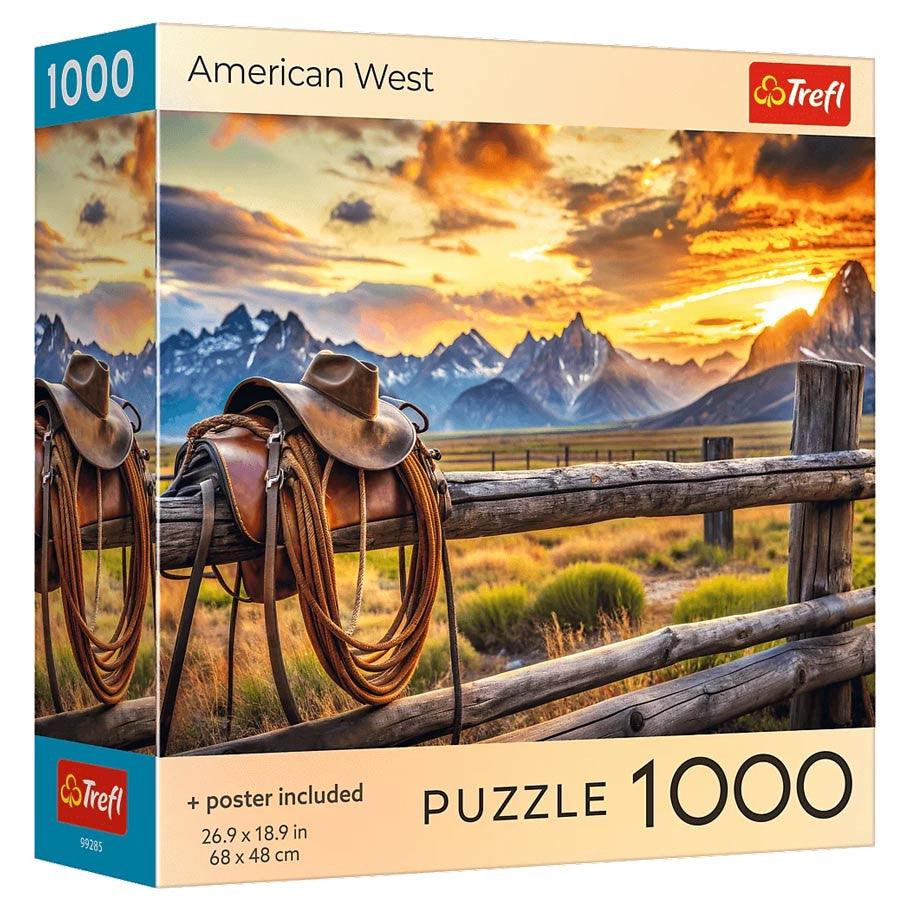 Puzzle: American West 1000 Piece - 1000-piece jigsaw puzzle box featuring a sunset scene of saddles on a wooden fence with mountains and a barn in the.