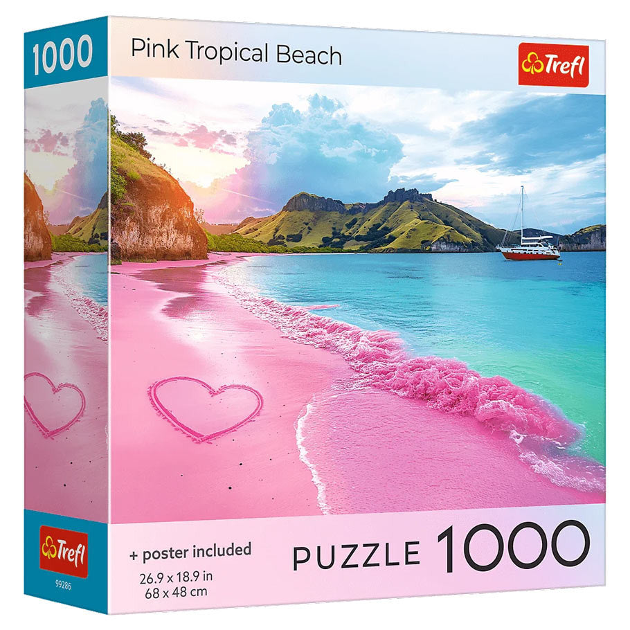 Puzzle: Pink Tropical Beach 1000 Piece - 1000-piece puzzle box featuring a pink tropical beach with heart shapes in the sand and a boat on turquoise water under a.