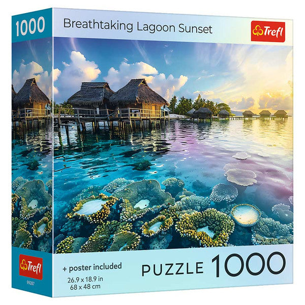 Puzzle: Tahiti Sunset 1000 Piece (PREORDER) - 1000-piece puzzle box featuring a Tahiti sunset lagoon with overwater bungalows and coral reefs under colorful sky.