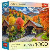 Puzzle: Autumn Splendor 1000 Piece - 1000-piece puzzle box featuring vibrant autumn landscape with colorful trees and covered wooden bridge.