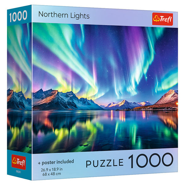 Puzzle: Northern Lights 1000 Piece - 1000-piece jigsaw puzzle box featuring vibrant Northern Lights over snowy mountains reflected in a calm lake.