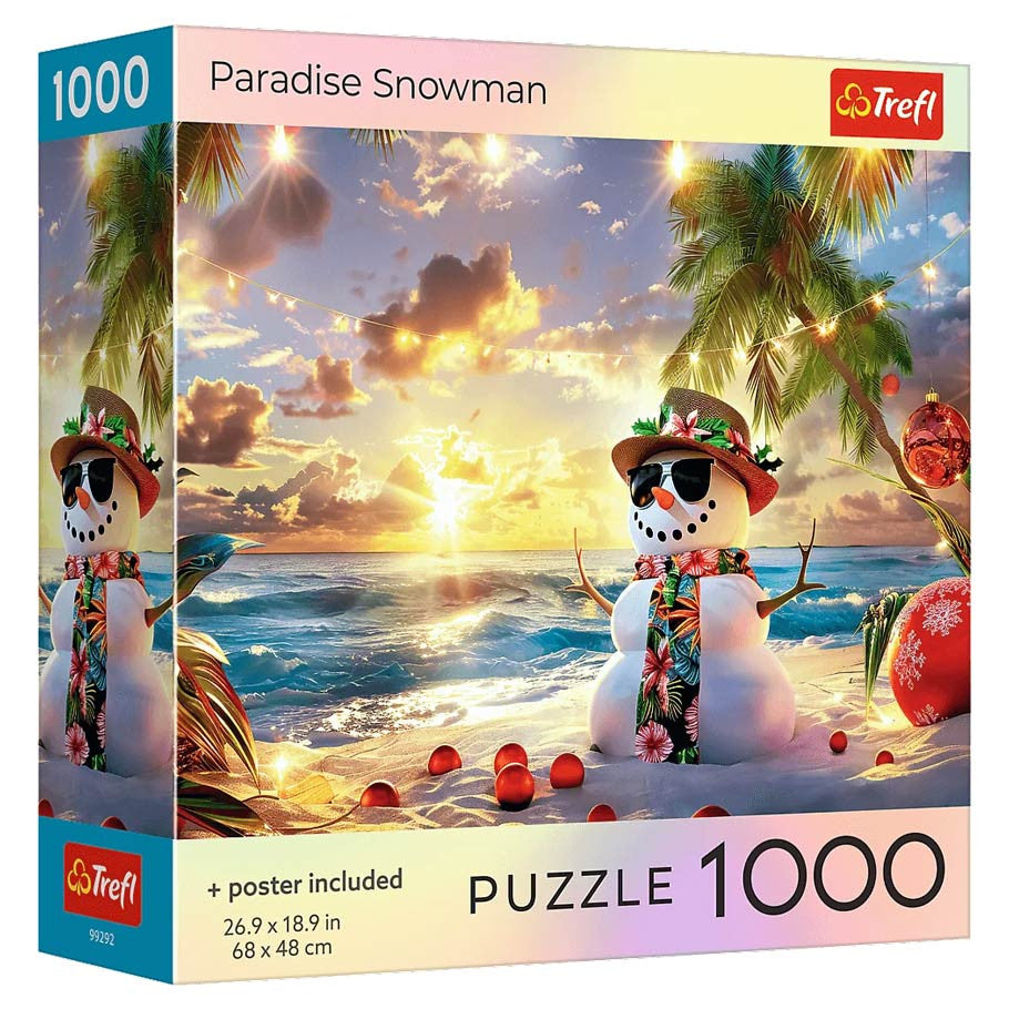 Puzzle: Paradise Snowman 1000 Piece - Colorful 1000-piece puzzle box featuring a tropical snowman with sunglasses on a beach at sunset.