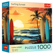 Puzzle: Surfing Sunset 1000 Piece - 1000-piece puzzle box featuring a vibrant surfing sunset with palm trees, ocean waves, and colorful surfboards.
