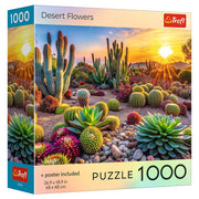 Puzzle: Desert Flowers 1000 Piece - Colorful desert landscape puzzle box featuring various cacti and succulents at sunset, 1000 pieces.