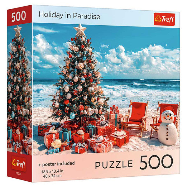 Puzzle: Holiday in Paradise 500 Piece - 500-piece puzzle box featuring a decorated Christmas tree on a sandy beach with ocean waves, gift boxes, lounge chairs, and.