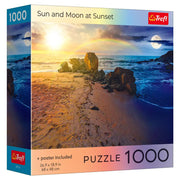 Trefl Red 1000 Piece Puzzle: Sun and Moon at Sunset - 1000-piece Trefl puzzle featuring a vivid sunset over rocky beach with sun on the left and moon on the right.