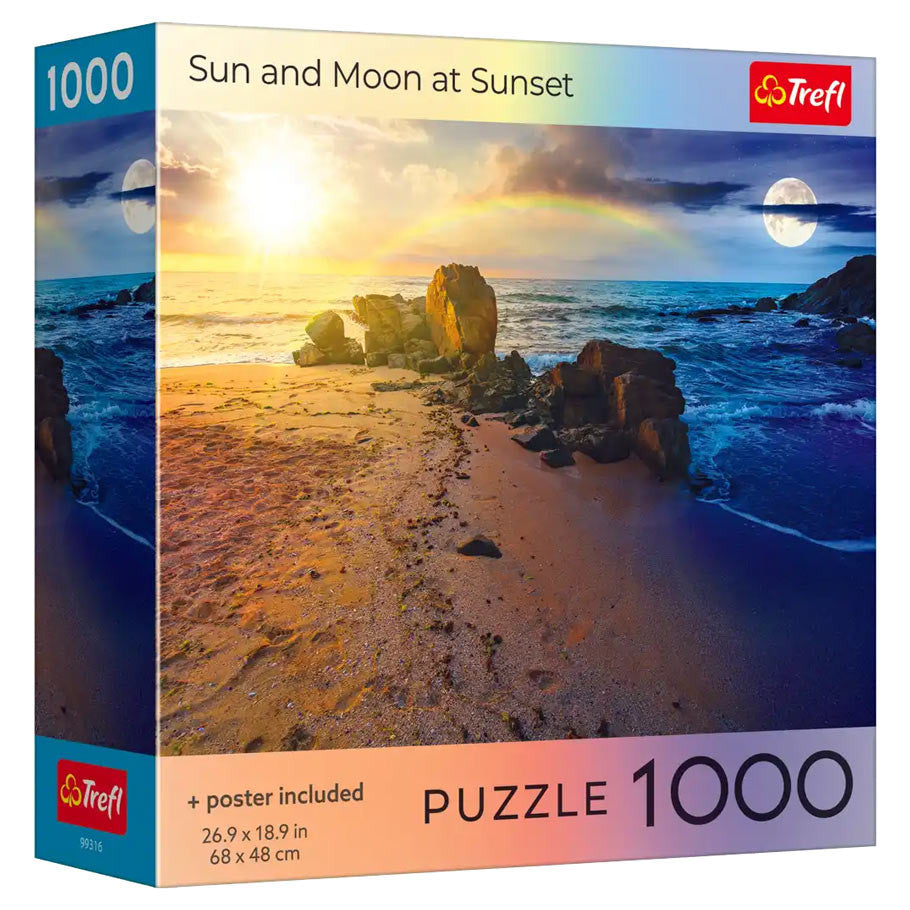 Trefl Red 1000 Piece Puzzle: Sun and Moon at Sunset - 1000-piece Trefl puzzle featuring a vivid sunset over rocky beach with sun on the left and moon on the right.