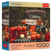 Trefl Red 1000 Piece Puzzle: Fall Harvest (PREORDER) - 1000-piece puzzle box showing a rustic fall harvest scene with pumpkins, hay bales, and a vintage red truck on the cover.
