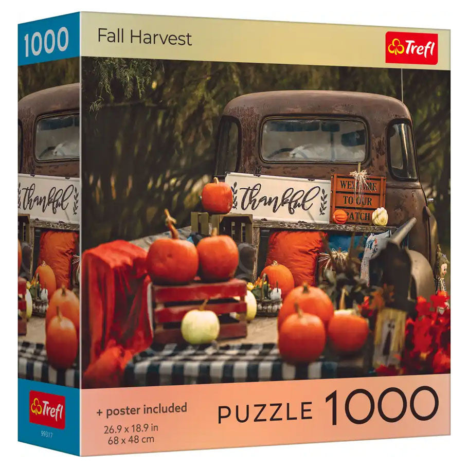 Trefl Red 1000 Piece Puzzle: Fall Harvest (PREORDER) - 1000-piece puzzle box showing a rustic fall harvest scene with pumpkins, hay bales, and a vintage red truck on the cover.