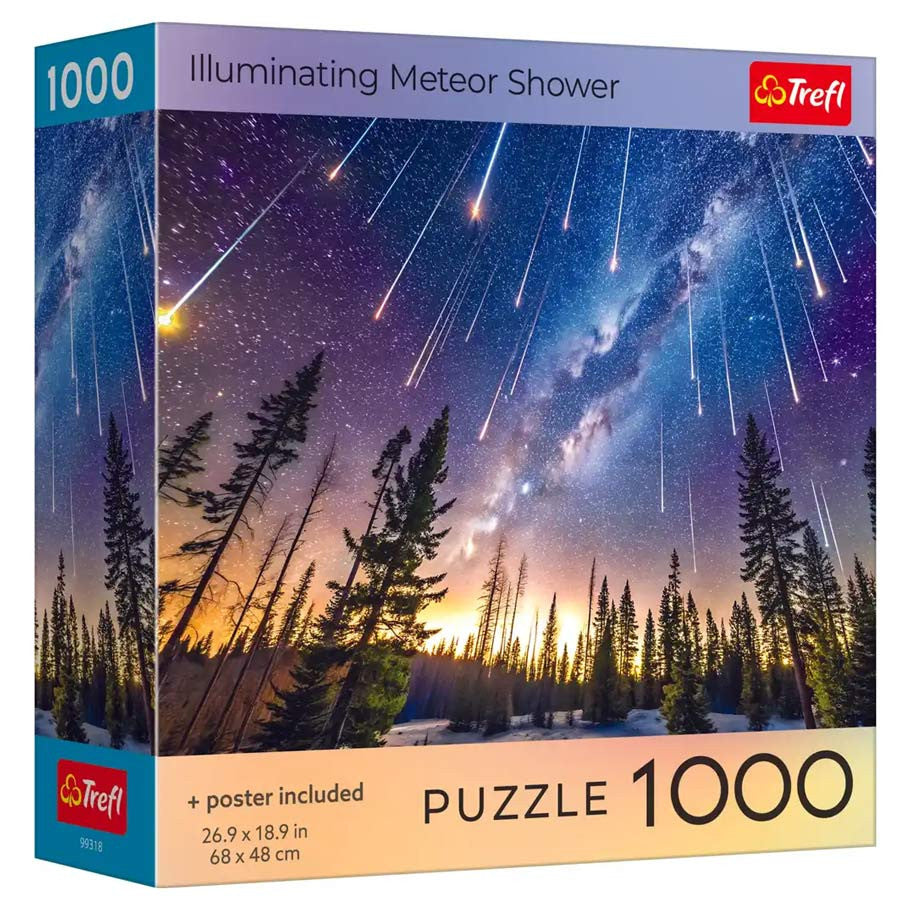 Trefl Red 1000 Piece Puzzle: Illuminating Meteor Shower (PREORDER) - Trefl 1000-piece puzzle box featuring a vivid night sky with colorful meteor shower over silhouetted pine trees.