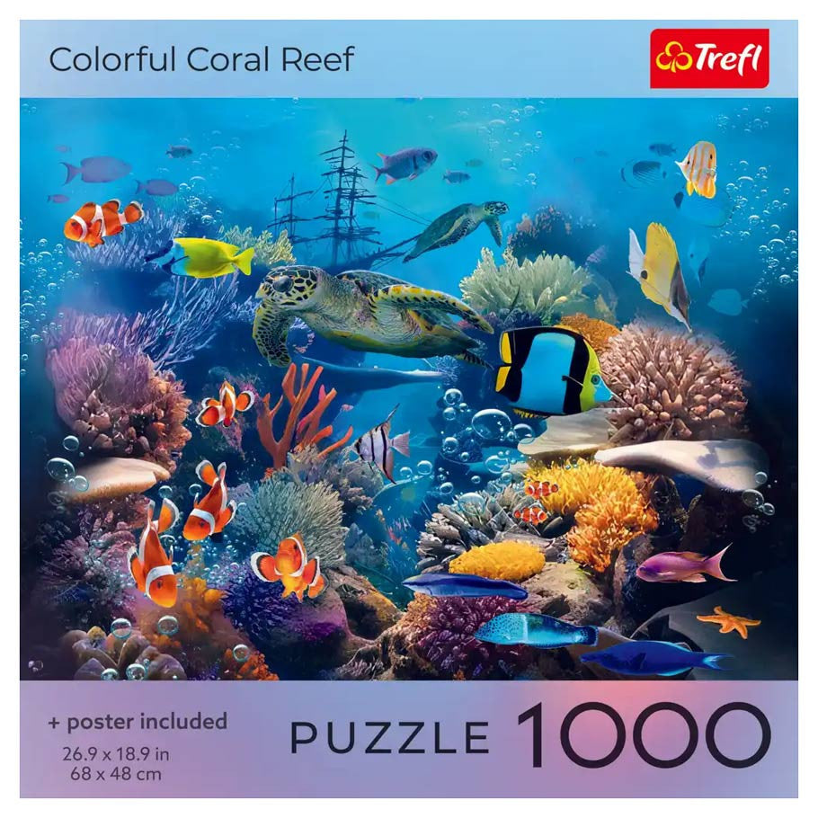 Trefl Red 1000 Piece Puzzle: Colorful Coral Reef (PREORDER) - 1000-piece puzzle featuring a vibrant coral reef with colorful fish, turtles, and underwater plants.