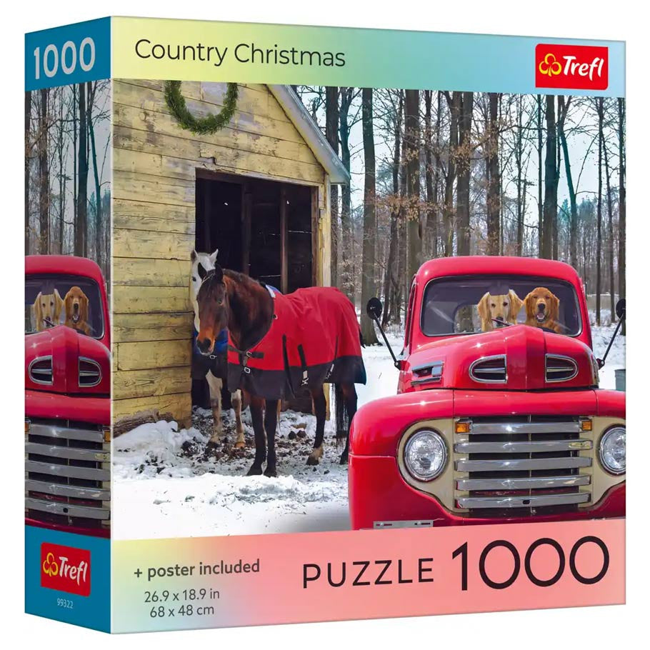 Trefl Red 1000 Piece Puzzle: Country Christmas (PREORDER) - 1000-piece puzzle box featuring a winter forest scene with a red vintage truck and a horse wearing a red blanket outside a.
