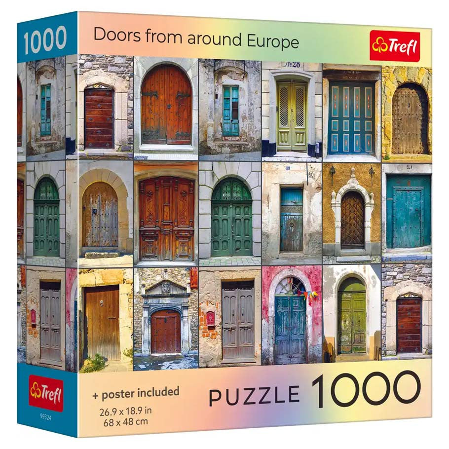 Trefl Red 1000 Piece Puzzle: Doors from Around Europe (PREORDER) - Colorful puzzle box featuring a collage of diverse European doors with various architectural styles, labeled 1000 pieces and