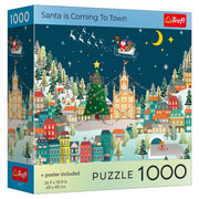 Trefl Red 1000 Piece Puzzle: Santa is Coming to Town (PREORDER) - Colorful 1000-piece jigsaw puzzle box featuring a festive town scene with Santa flying over rooftops at night.