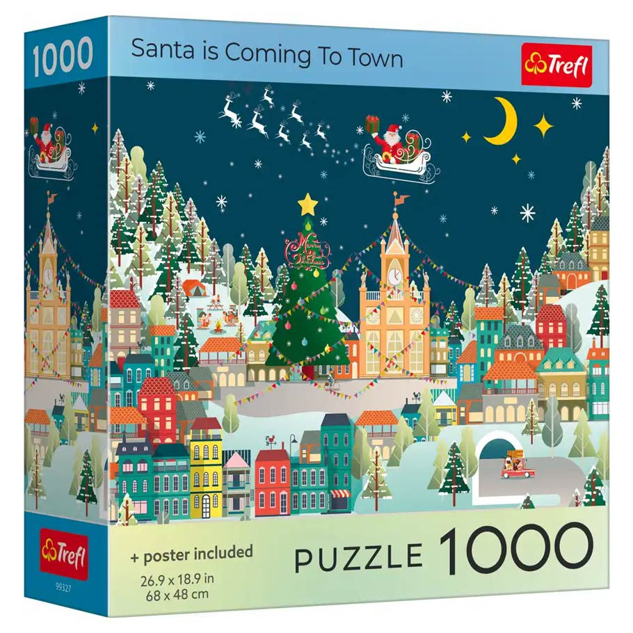Trefl Red 1000 Piece Puzzle: Santa is Coming to Town (PREORDER) - Colorful 1000-piece jigsaw puzzle box featuring a festive town scene with Santa flying over rooftops at night.