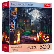Trefl Red 500 Piece Puzzle: Scary Haunted Mansion (PREORDER) - 500-piece puzzle box featuring a spooky haunted mansion at night with glowing jack-o'-lanterns and candles.