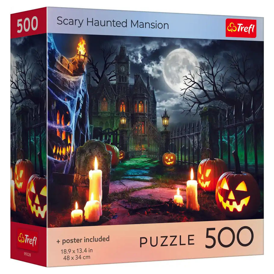 Trefl Red 500 Piece Puzzle: Scary Haunted Mansion (PREORDER) - 500-piece puzzle box featuring a spooky haunted mansion at night with glowing jack-o'-lanterns and candles.
