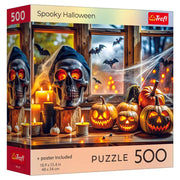 Trefl Red 500 Piece Puzzle: Spooky Halloween (PREORDER) - 500-piece puzzle featuring glowing jack-o'-lanterns, skulls with red eyes, candles, and spider webs at night.