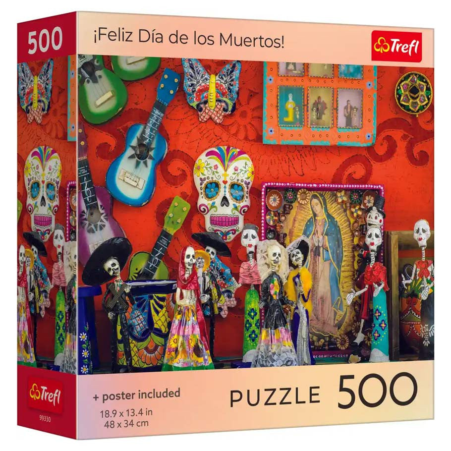 Trefl Red 500 Piece Puzzle: Feliz Día de los Muertos! (PREORDER) - Colorful 500-piece puzzle box featuring Día de los Muertos skulls, skeletons, and vibrant decorations on a red background.