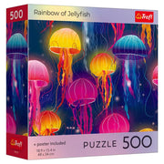 Trefl Red 500 Piece Puzzle: Rainbow of Jellyfish (PREORDER) - 500-piece puzzle box featuring colorful jellyfish in yellow, pink, orange, and purple hues against a dark blue background.