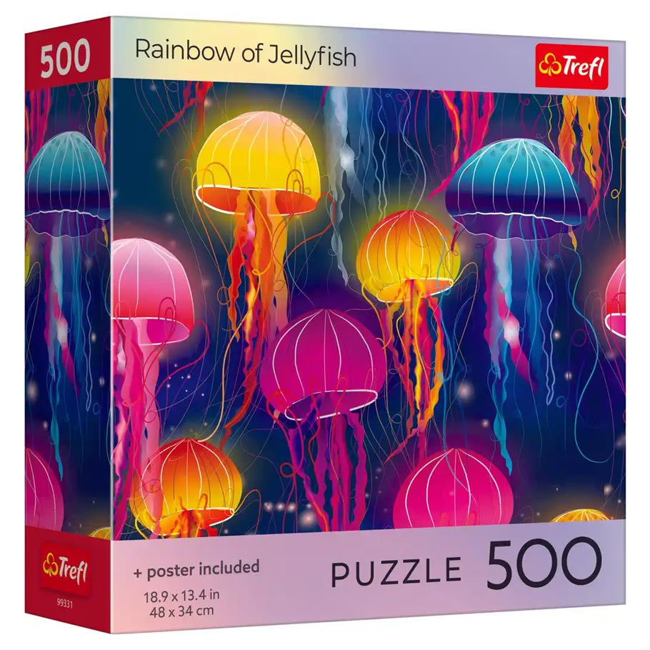 Trefl Red 500 Piece Puzzle: Rainbow of Jellyfish (PREORDER) - 500-piece puzzle box featuring colorful jellyfish in yellow, pink, orange, and purple hues against a dark blue background.