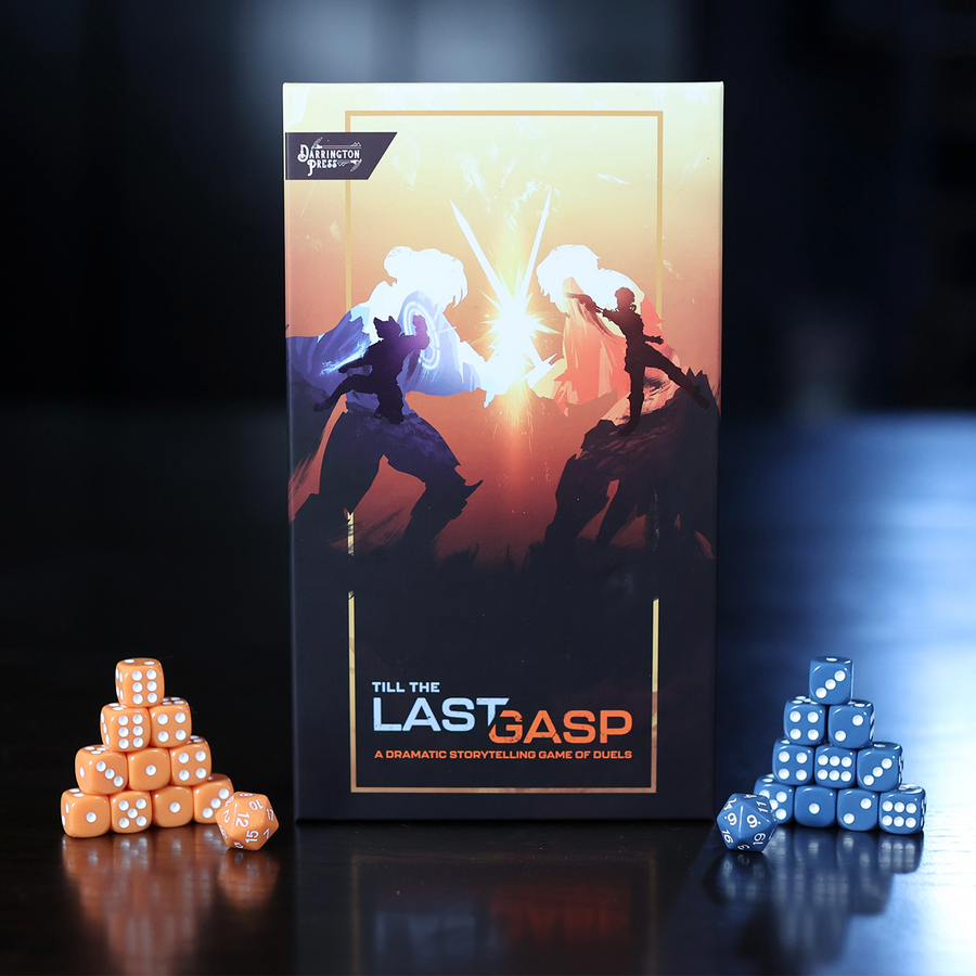 Till The Last Gasp - Board game box with dramatic silhouette artwork of two characters facing off at sunset, surrounded by stacks of orange and.