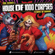House of 1000 Corpses: A Game of Horror - Horror-themed game box art featuring three sinister clowns with exaggerated makeup and expressions against a fiery red.