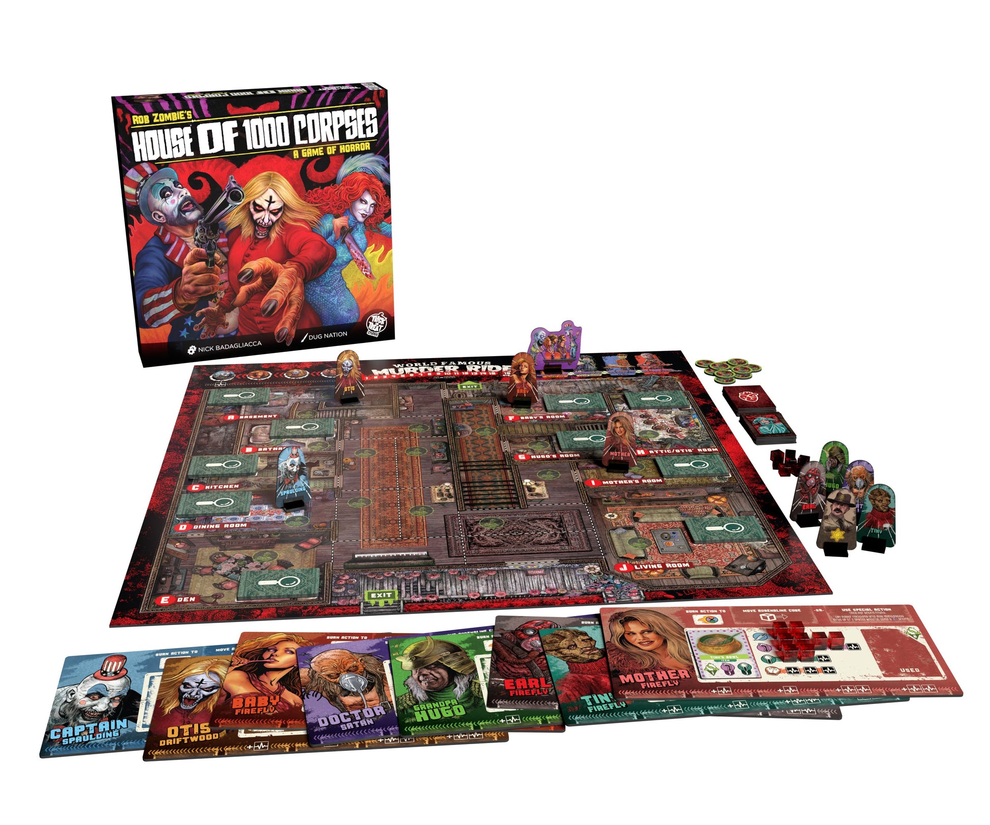 House of 1000 Corpses: A Game of Horror - House of 1000 Corpses horror-themed board game with detailed colorful game board, character cards, and mini figurines.