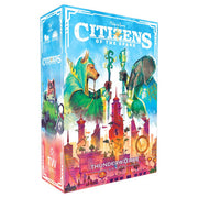 Citizens of the Spark - Colorful game box with fantasy creature characters and a vibrant cityscape for Citizens of the Spark strategy card game.