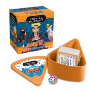 Trivial Pursuit: Naruto - Trivial Pursuit Naruto edition game box with orange triangular holder, question cards, and colorful six-sectioned die.