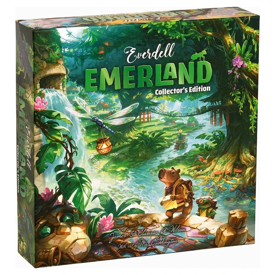Everdell: Emerland: Collectors Edition - Square board game box with lush, detailed forest and river artwork featuring woodland creatures and glowing lanterns, titled