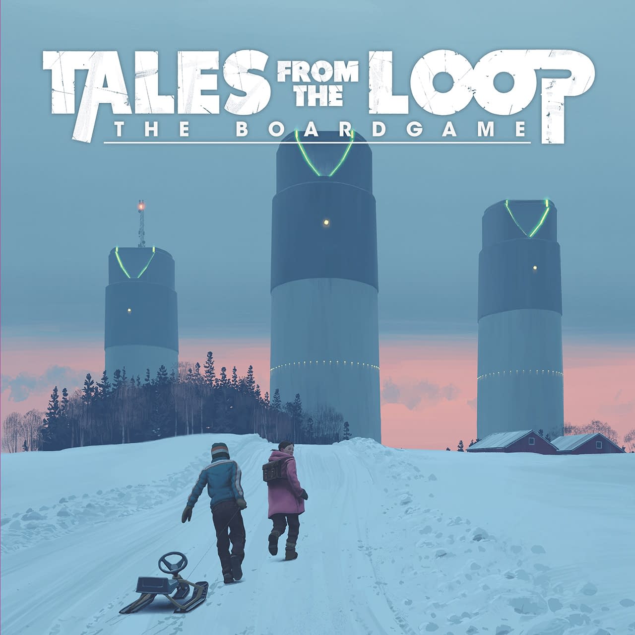 Tales From the Loop: The Board Game - Board game box cover featuring two children walking through snowy landscape towards three large futuristic towers under a.