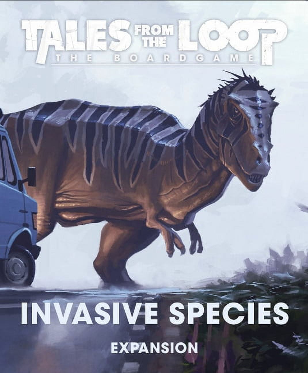 Tales From the Loop: The Board Game - Invasive Species - Board game box featuring a large dark blue dinosaur with spikes on its head, white title text, and a soft blue sky.