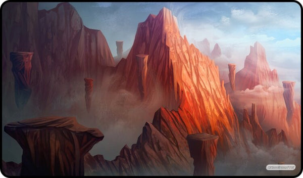Gamermats Playmat: Magic Mountain (PREORDER) - Playmat featuring vibrant red rock mountains with steep cliffs under a cloudy sky, designed for tabletop gaming.