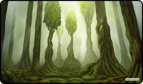 Gamermats Playmat: Magic Forest (PREORDER) - Fantasy forest playmat with tall, twisted green trees and misty, magical atmosphere.