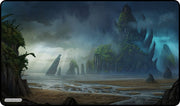 Gamermats Playmat: Magic Island (PREORDER) - Fantasy-themed playmat with dark, misty island landscape and jagged rock formations.