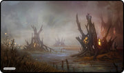 Gamermats Playmat: Magic Swamp (PREORDER) - Dark, foggy swamp playmat with twisted dead trees and glowing eerie lights in murky water.
