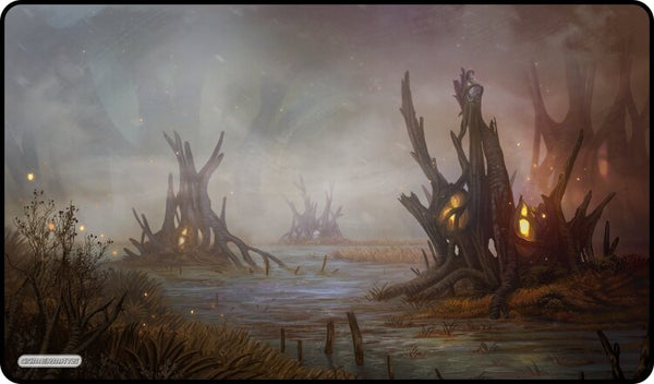 Gamermats Playmat: Magic Swamp (PREORDER) - Dark, foggy swamp playmat with twisted dead trees and glowing eerie lights in murky water.