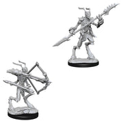 D&D Nolzur's Marvelous Miniatures: Thri-Kreen - Two unpainted gray plastic fantasy miniatures of insectoid Thri-Kreen warriors, one posed with a bow and arrow, the other.