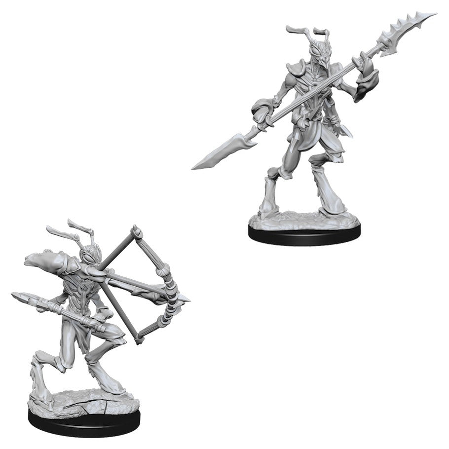 D&D Nolzur's Marvelous Miniatures: Thri-Kreen - Two unpainted gray plastic fantasy miniatures of insectoid Thri-Kreen warriors, one posed with a bow and arrow, the other.